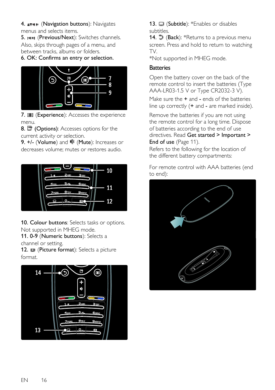 Batteries, For remote control with aaa batteries (end to end), En 16 | Philips 42PFL7675H-12 User Manual | Page 16 / 74