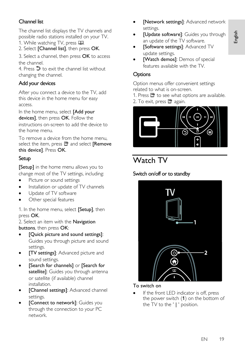 Channel list, Add your devices, Setup | Options, Watch tv, Switch on/off or to standby | Philips 42PFL7675H-12 User Manual | Page 19 / 74