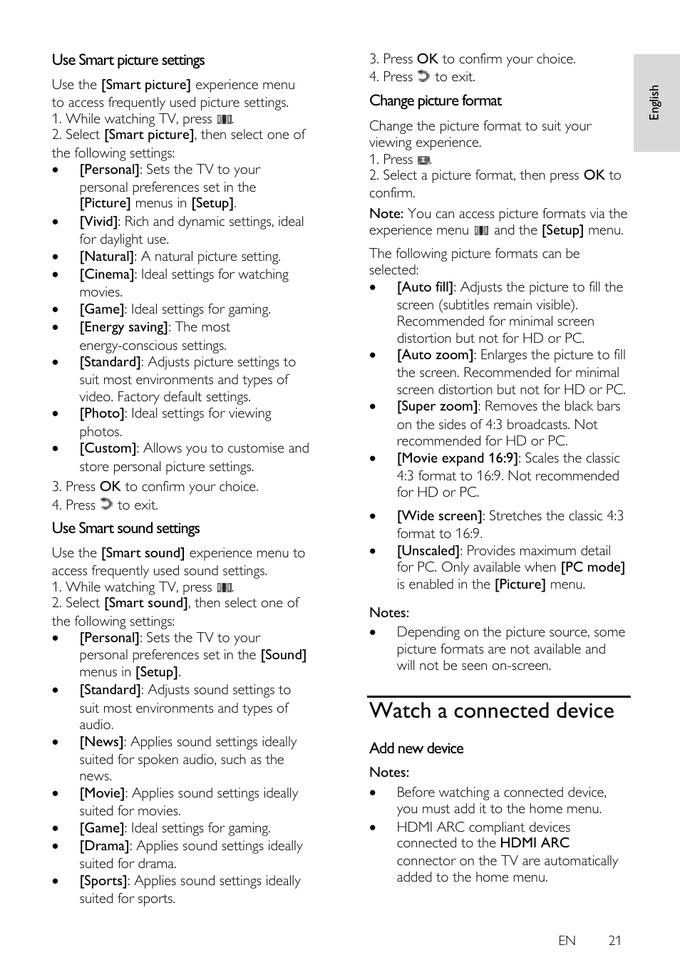 Use smart picture settings, Use smart sound settings, Change picture format | Watch a connected device, Add new device | Philips 42PFL7675H-12 User Manual | Page 21 / 74