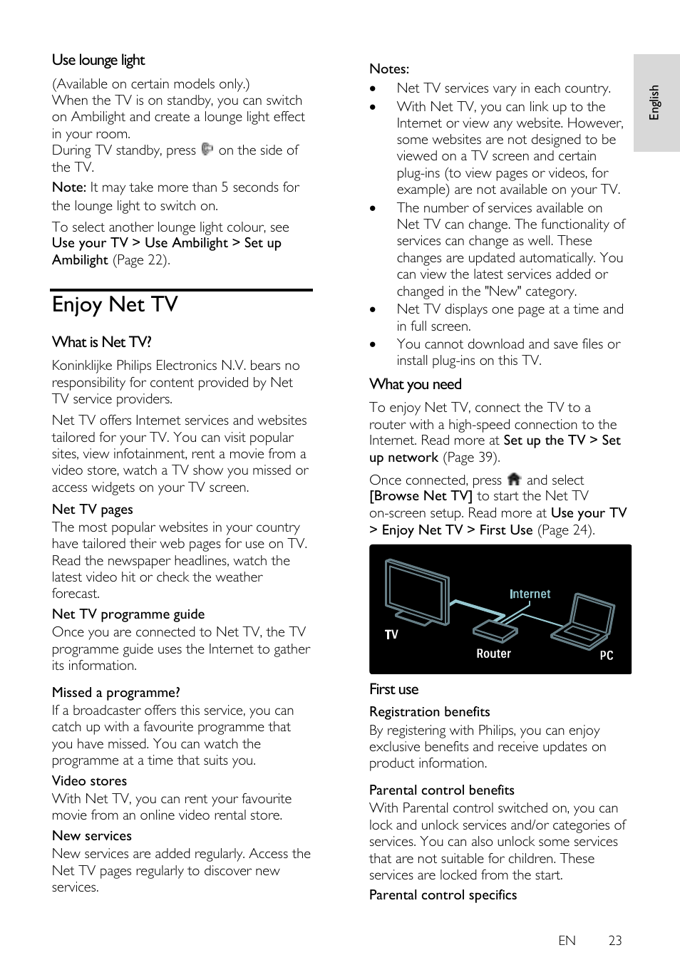 Use lounge light, Enjoy net tv, What is net tv | What you need, First use, Ge 23) | Philips 42PFL7675H-12 User Manual | Page 23 / 74