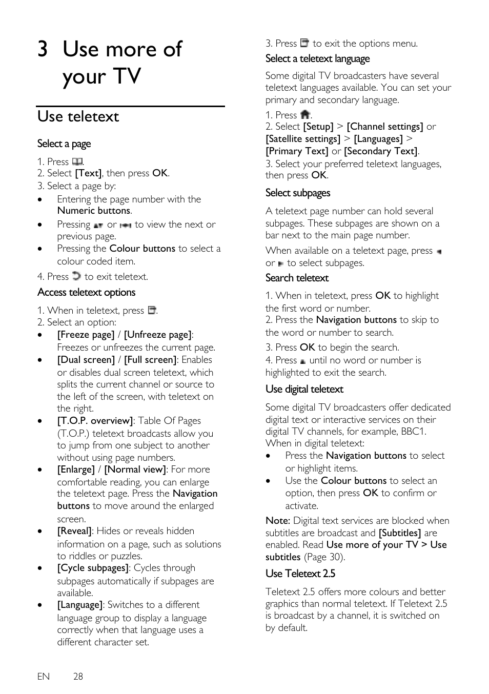 Use more of your tv, Use teletext, Access teletext options | Select a teletext language, Search teletext, Use digital teletext, Use teletext 2.5, 3 use more of your tv | Philips 42PFL7675H-12 User Manual | Page 28 / 74