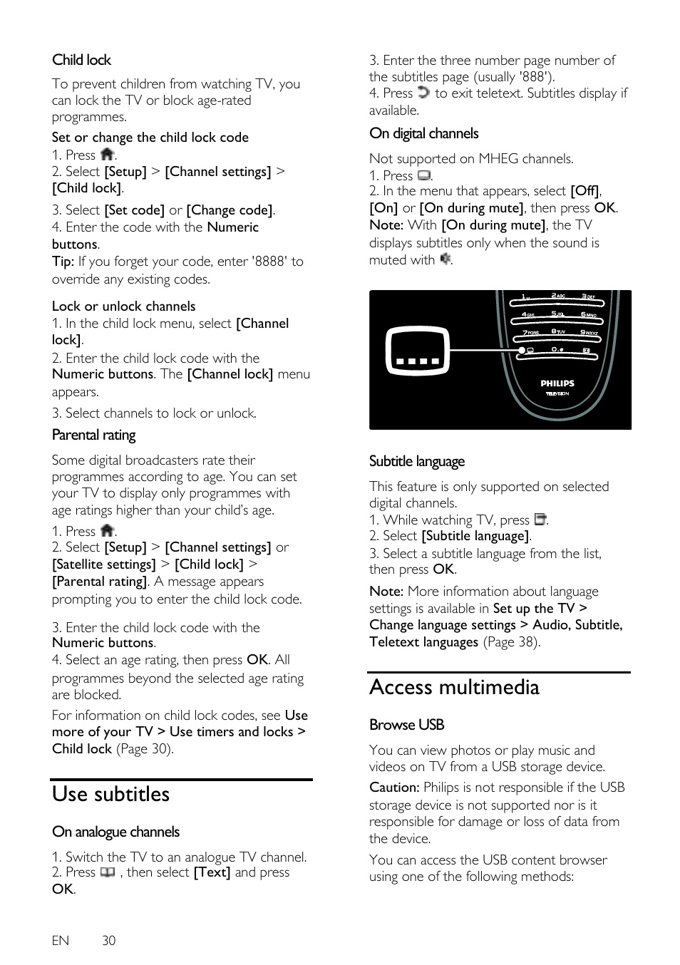 Child lock, Parental rating, Use subtitles | On analogue channels, On digital channels, Subtitle language, Access multimedia, Browse usb, Ge 30) | Philips 42PFL7675H-12 User Manual | Page 30 / 74