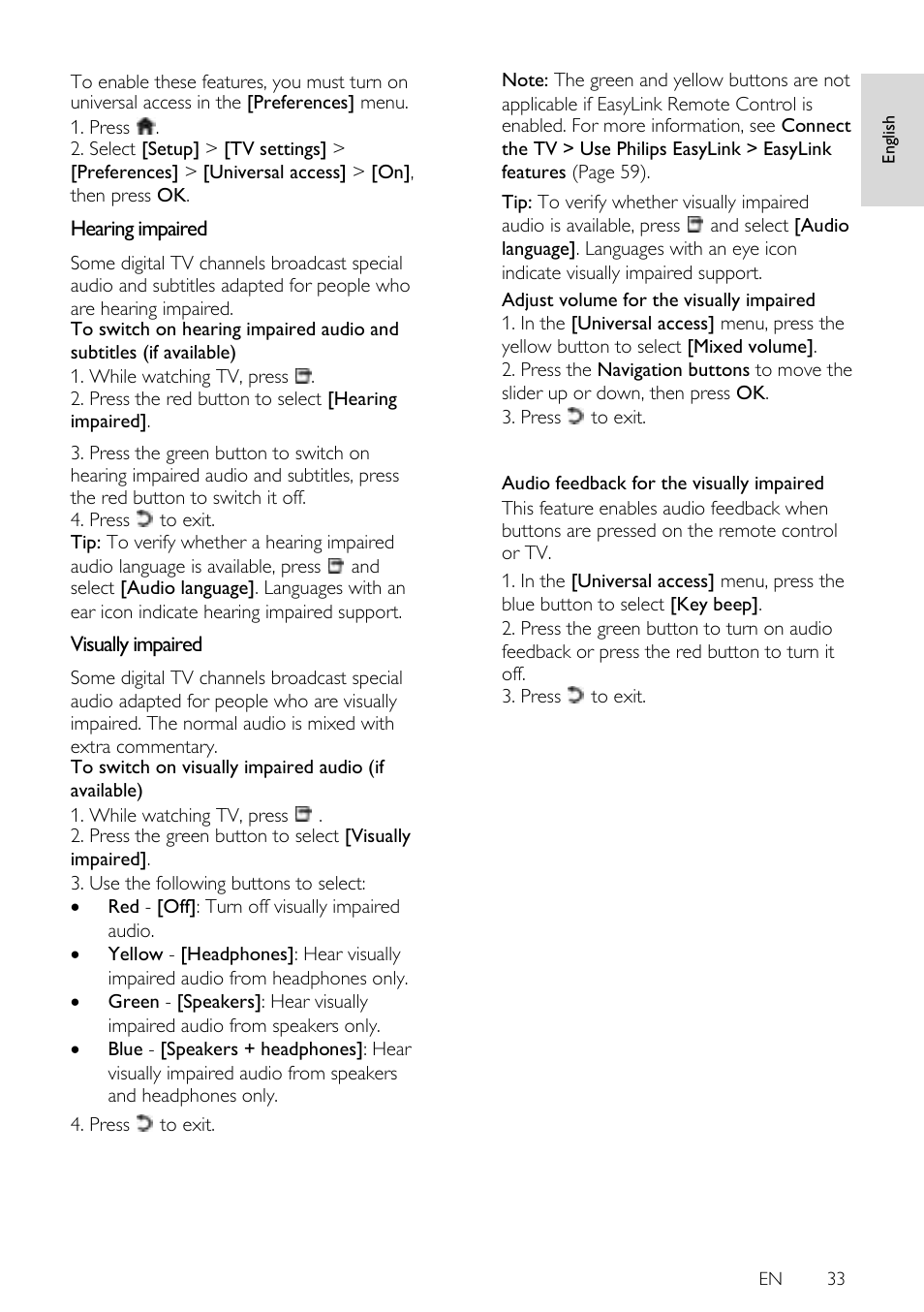 Hearing impaired, Visually impaired | Philips 42PFL7675H-12 User Manual | Page 33 / 74