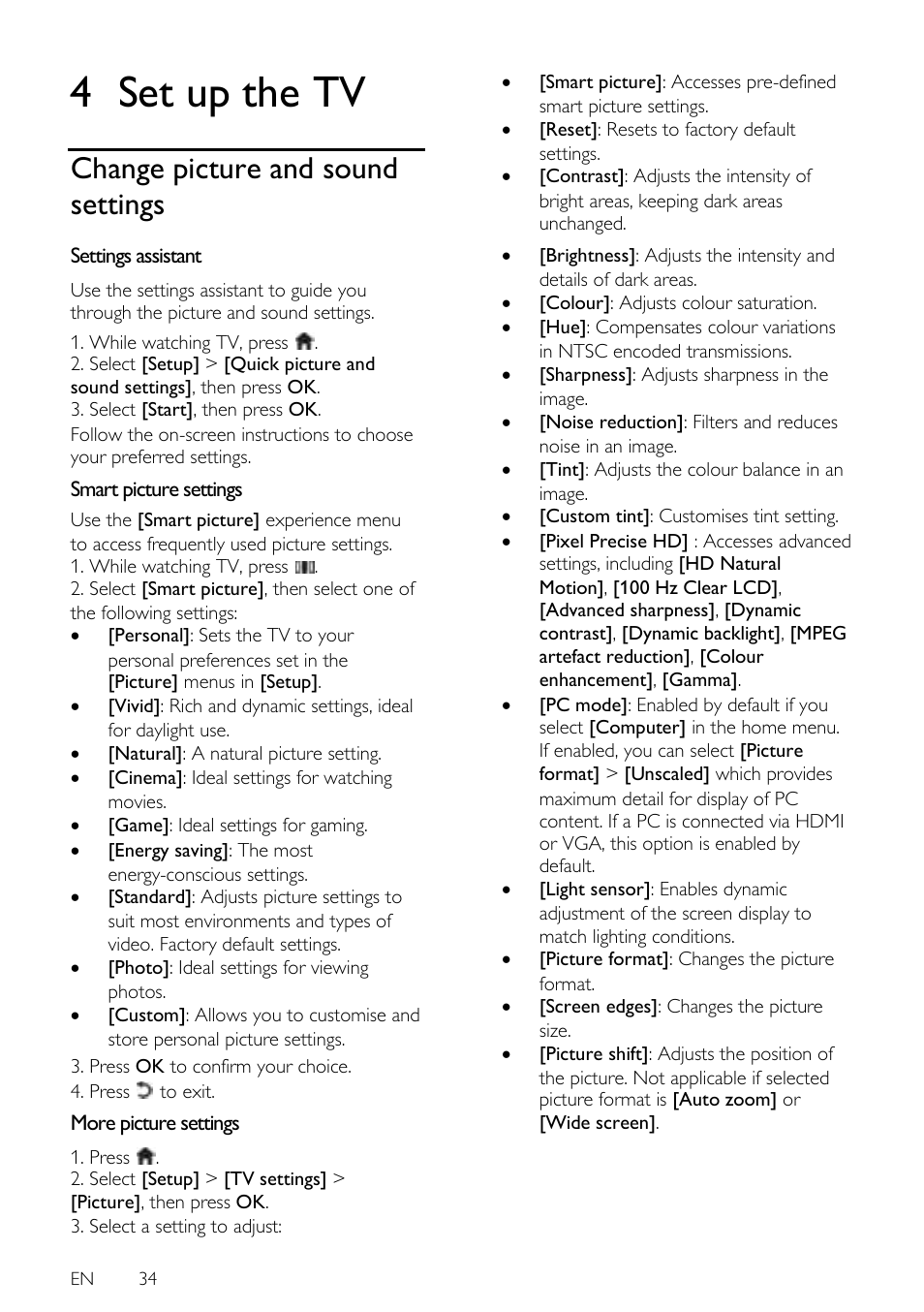 Set up the tv, Change picture and sound settings, Settings assistant | Smart picture settings, More picture settings, 4 set up the tv | Philips 42PFL7675H-12 User Manual | Page 34 / 74