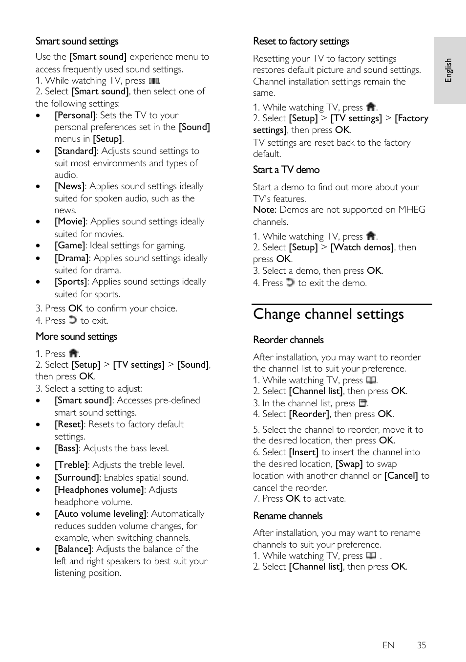 Smart sound settings, More sound settings, Reset to factory settings | Start a tv demo, Change channel settings, Reorder channels, Rename channels | Philips 42PFL7675H-12 User Manual | Page 35 / 74