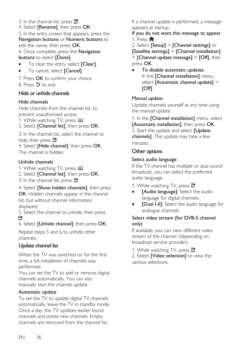 Hide or unhide channels, Update channel list, Other options | Philips 42PFL7675H-12 User Manual | Page 36 / 74