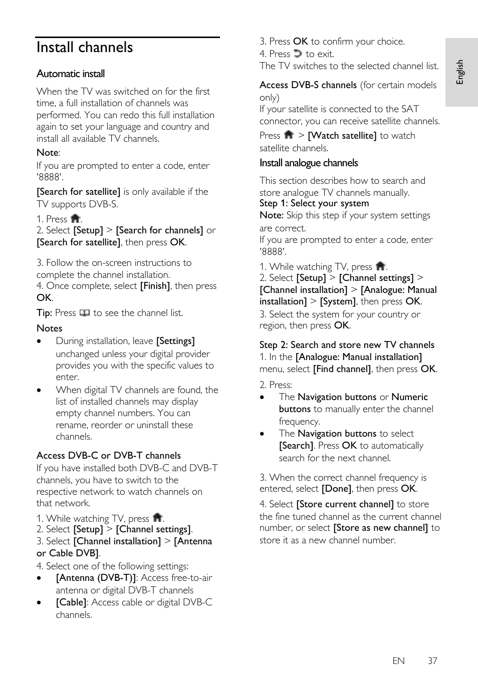 Install channels, Automatic install, Install analogue channels | Philips 42PFL7675H-12 User Manual | Page 37 / 74