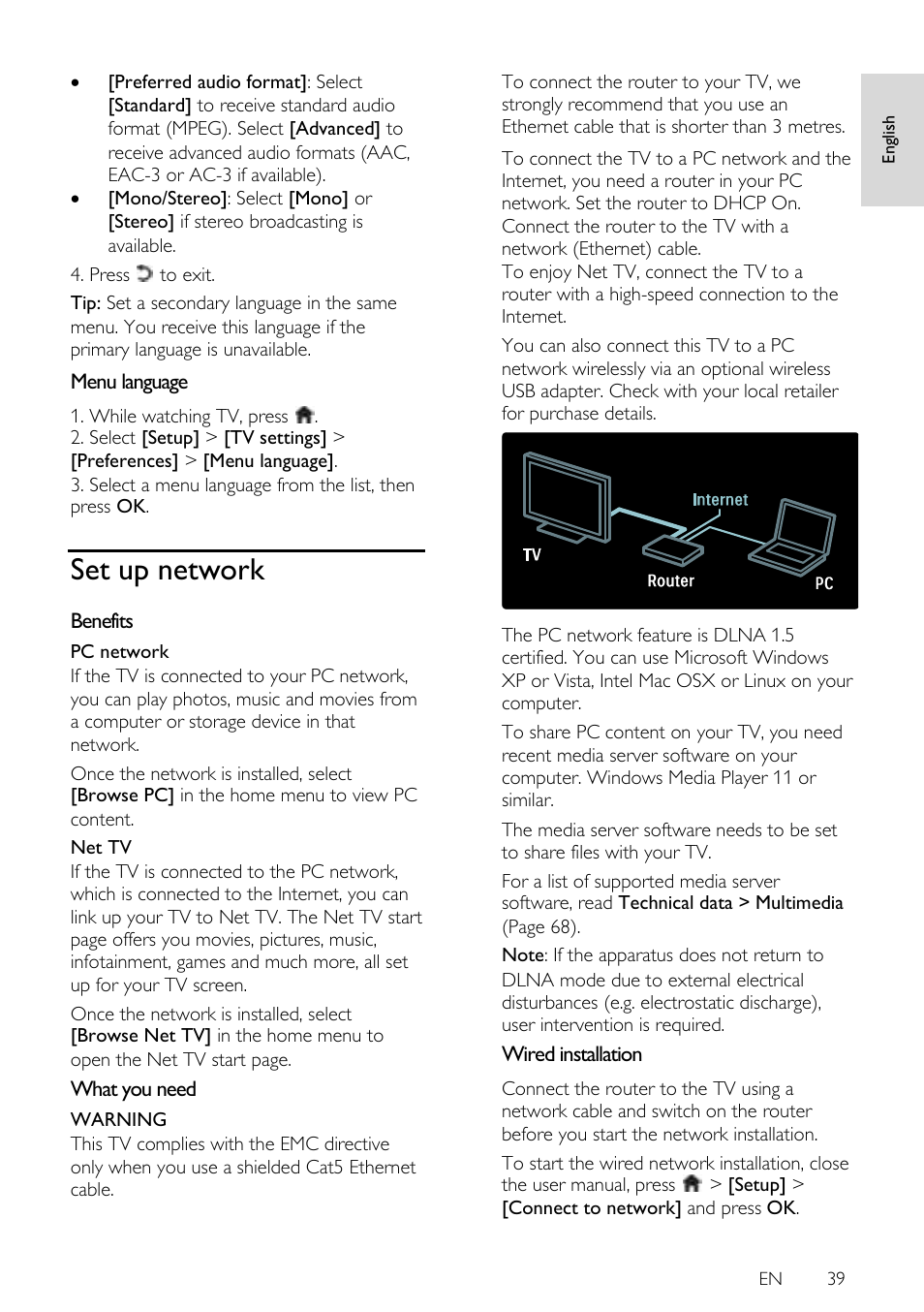 Menu language, Set up network, Benefits | What you need, Wired installation, Ge 39) | Philips 42PFL7675H-12 User Manual | Page 39 / 74