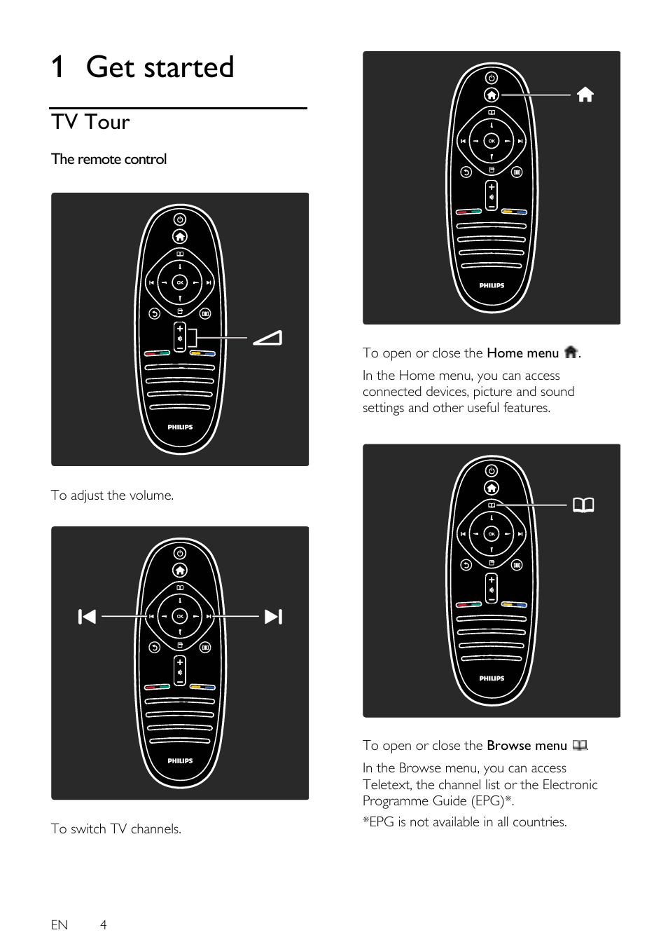 Get started, Tv tour, The remote control | 1 get started | Philips 42PFL7675H-12 User Manual | Page 4 / 74