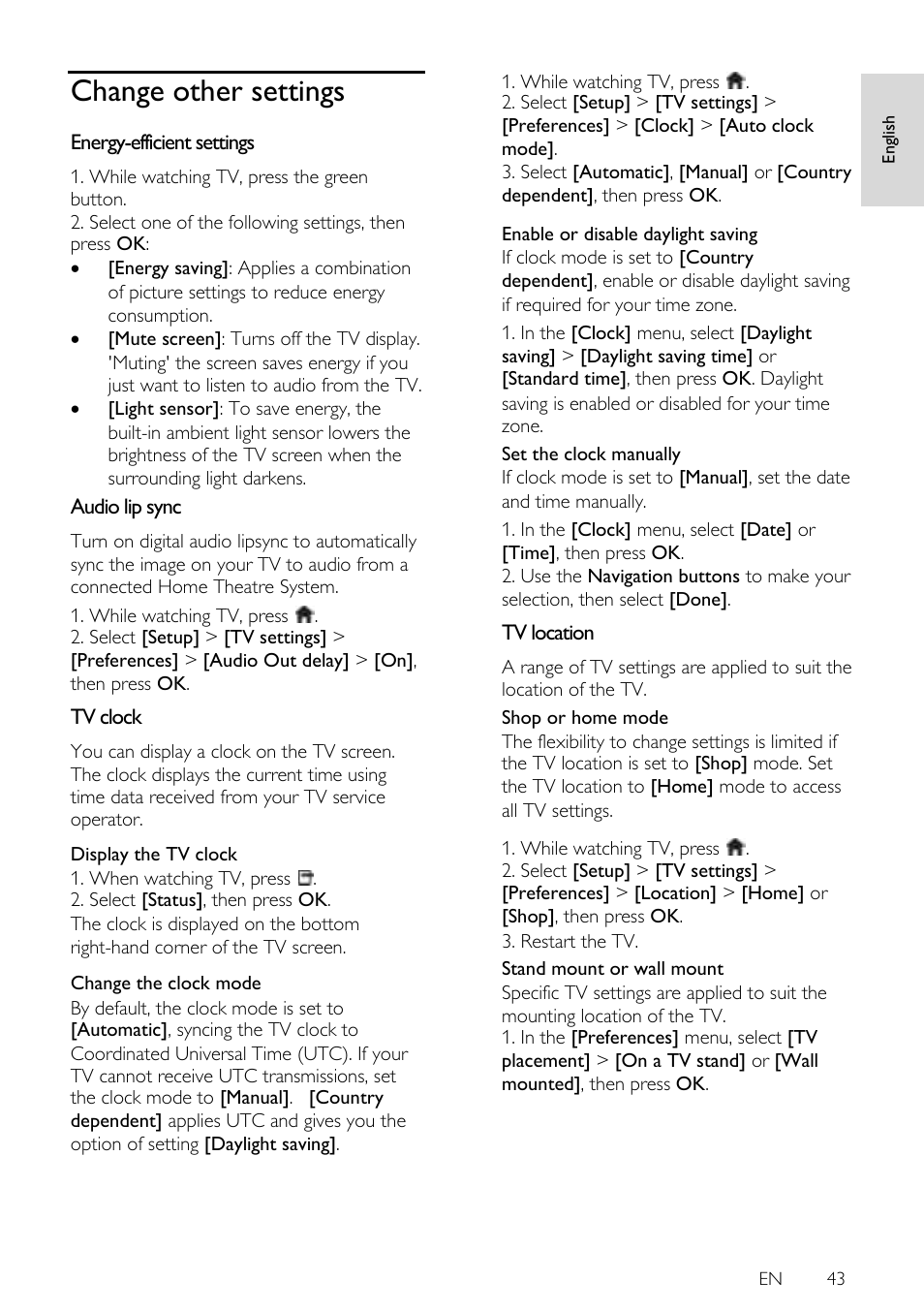 Change other settings, Energy-efficient settings, Audio lip sync | Tv clock, Tv location, En 43 | Philips 42PFL7675H-12 User Manual | Page 43 / 74