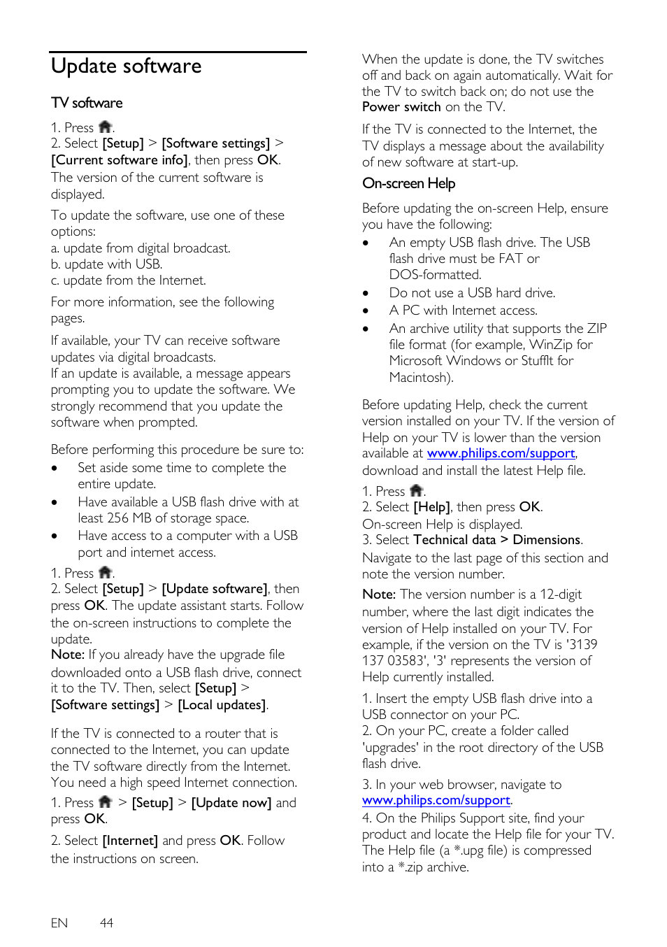 Update software, Tv software, On-screen help | Philips 42PFL7675H-12 User Manual | Page 44 / 74