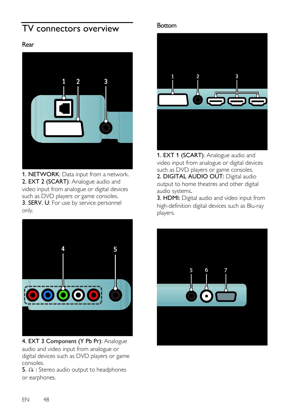 Tv connectors overview, Rear, Bottom | En 48 | Philips 42PFL7675H-12 User Manual | Page 48 / 74