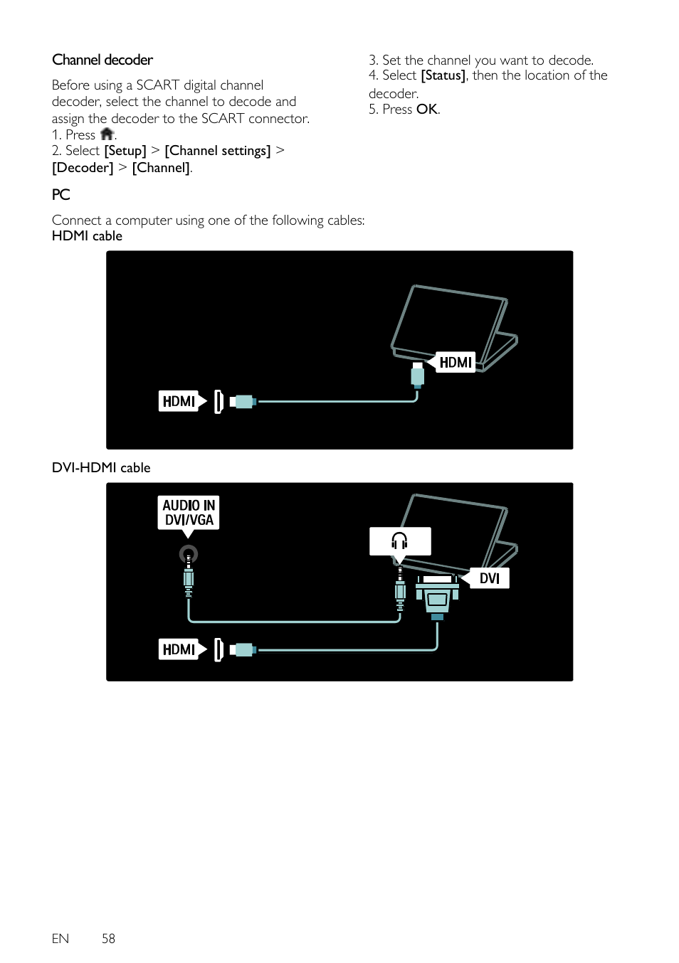 Channel decoder, Dvi-hdmi cable, En 58 | Philips 42PFL7675H-12 User Manual | Page 58 / 74