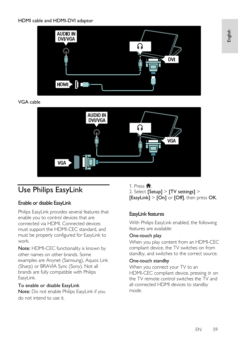 Use philips easylink, Enable or disable easylink, Easylink features | Hdmi cable and hdmi-dvi adaptor, Vga cable, En 59 | Philips 42PFL7675H-12 User Manual | Page 59 / 74