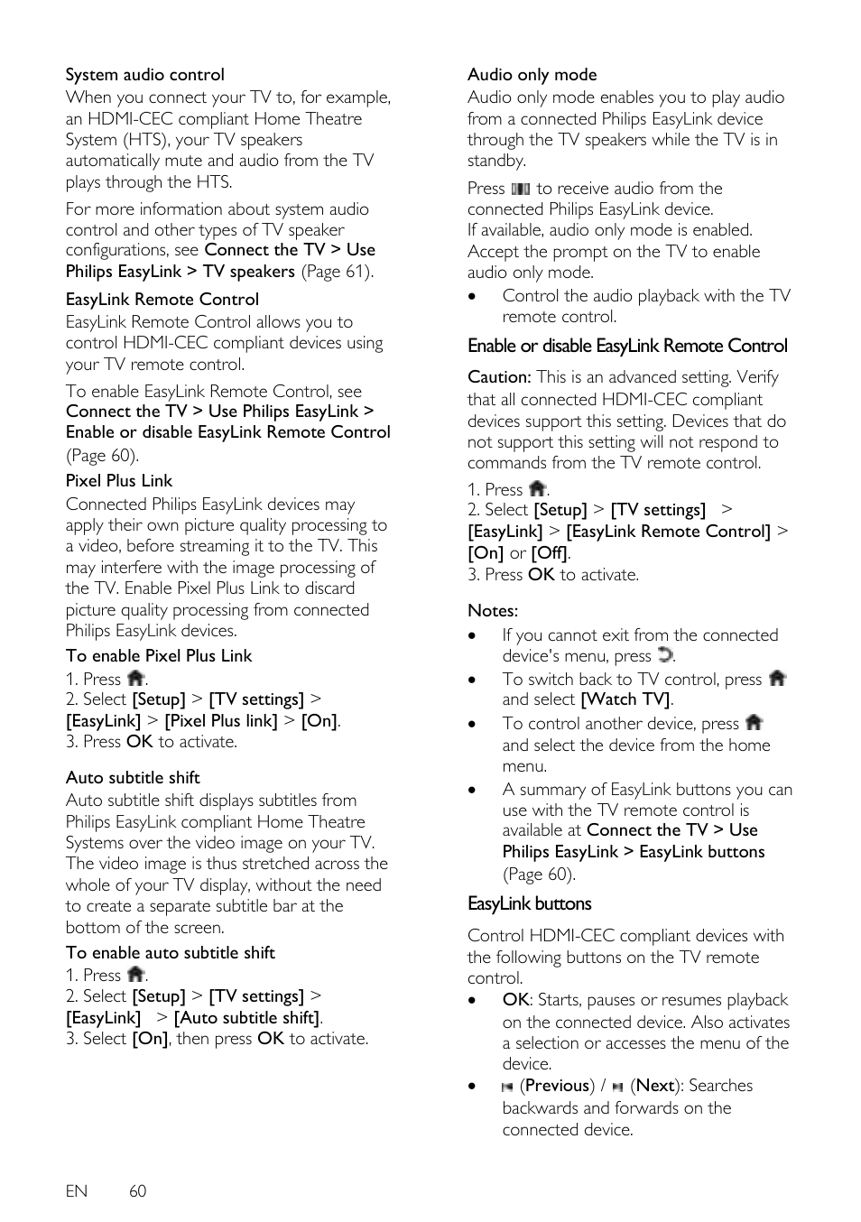 Enable or disable easylink remote control, Easylink buttons | Philips 42PFL7675H-12 User Manual | Page 60 / 74