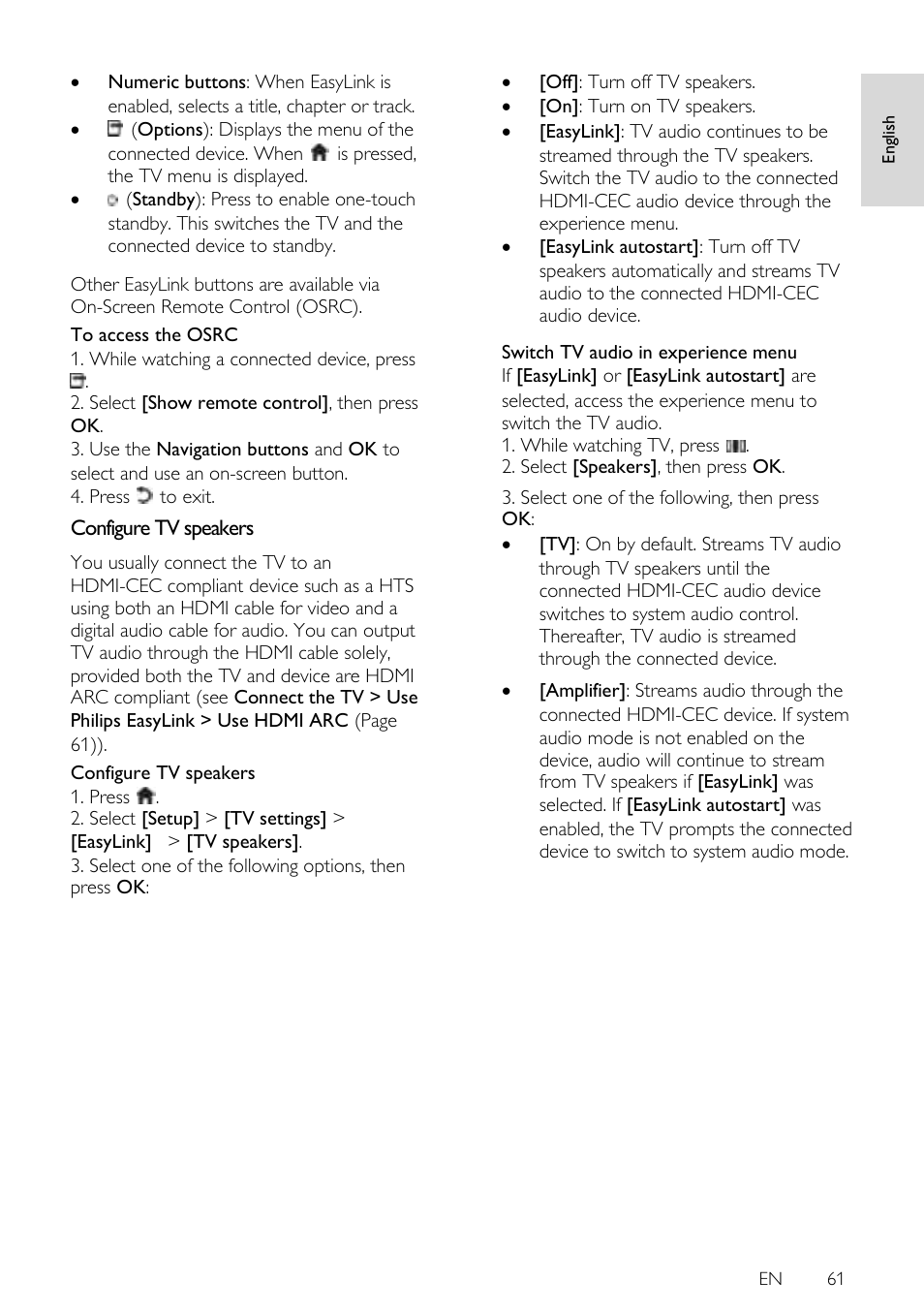Configure tv speakers | Philips 42PFL7675H-12 User Manual | Page 61 / 74