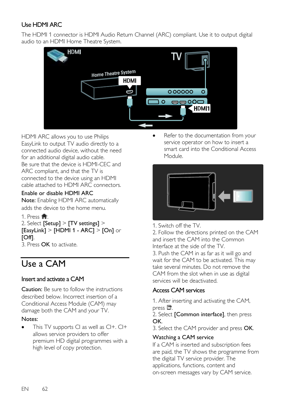 Use hdmi arc, Use a cam, Insert and activate a cam | Access cam services, En 62 | Philips 42PFL7675H-12 User Manual | Page 62 / 74
