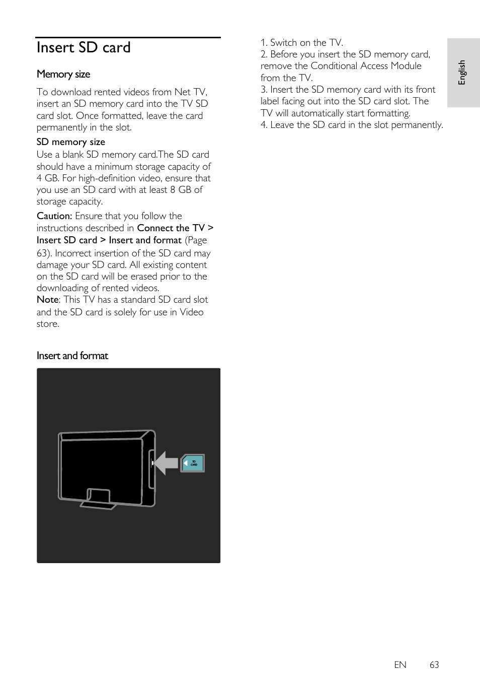 Insert sd card, Memory size, Insert and format | En 63 | Philips 42PFL7675H-12 User Manual | Page 63 / 74