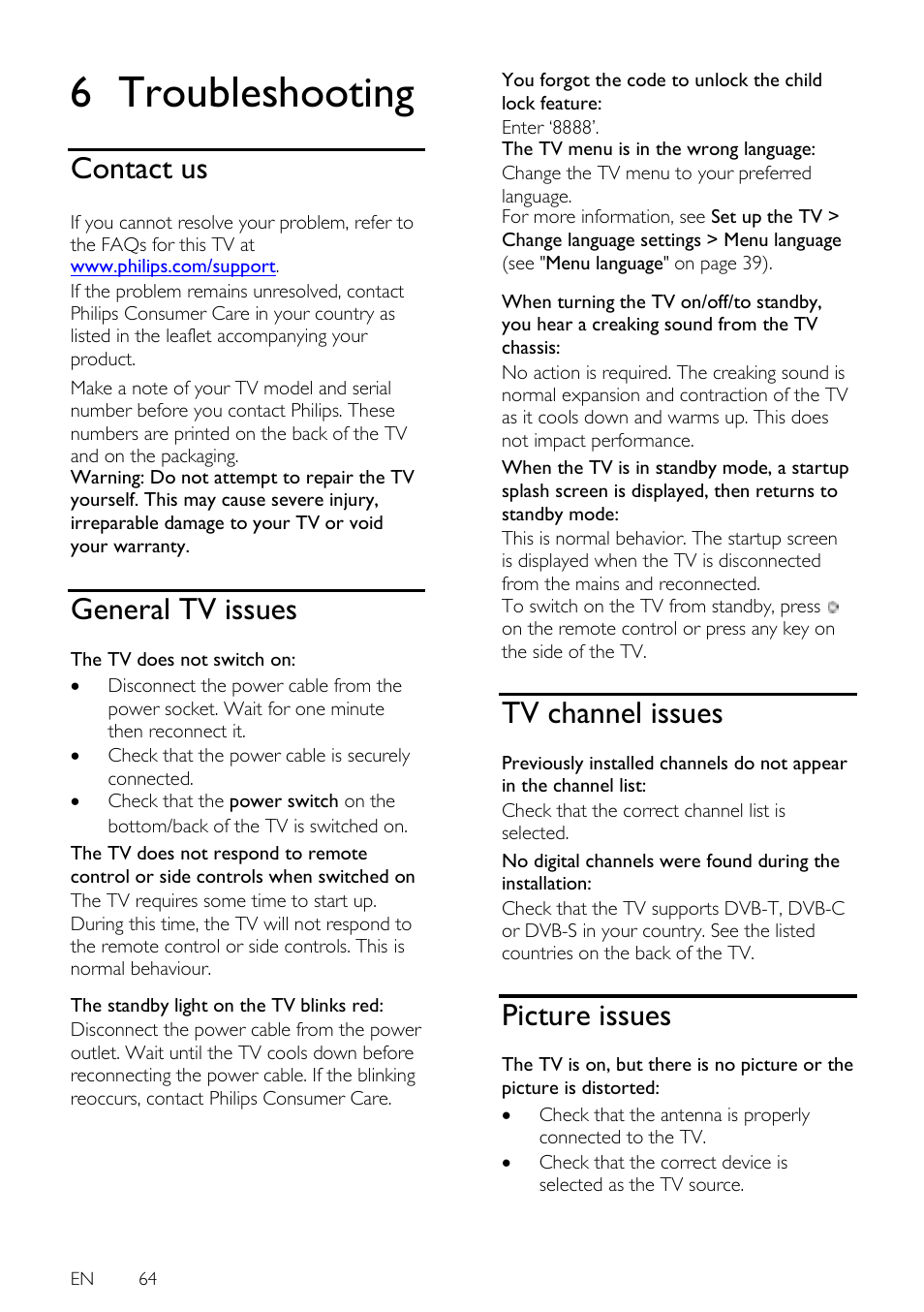 Troubleshooting, Contact us, General tv issues | Tv channel issues, Picture issues, 6 troubleshooting | Philips 42PFL7675H-12 User Manual | Page 64 / 74