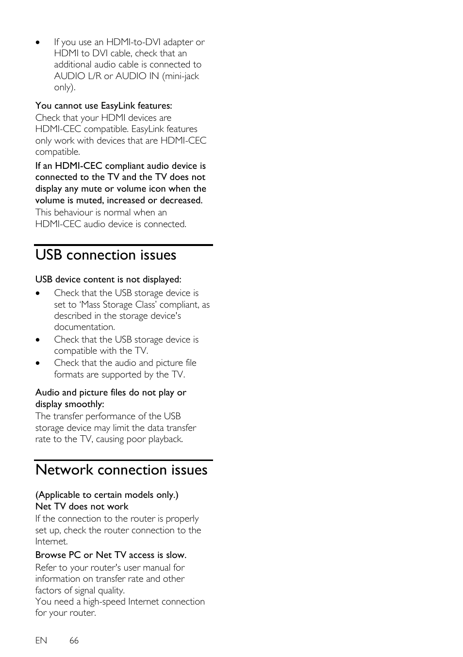 Usb connection issues, Network connection issues, En 66 | Philips 42PFL7675H-12 User Manual | Page 66 / 74