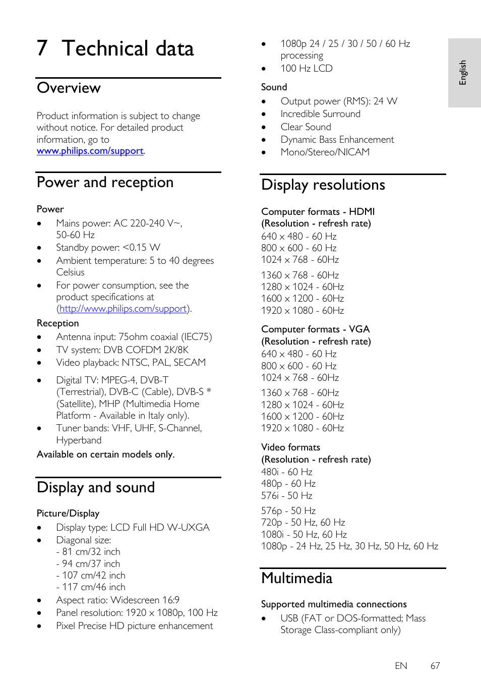Technical data, Overview, Power and reception | Display and sound, Display resolutions, Multimedia, 7 technical data | Philips 42PFL7675H-12 User Manual | Page 67 / 74