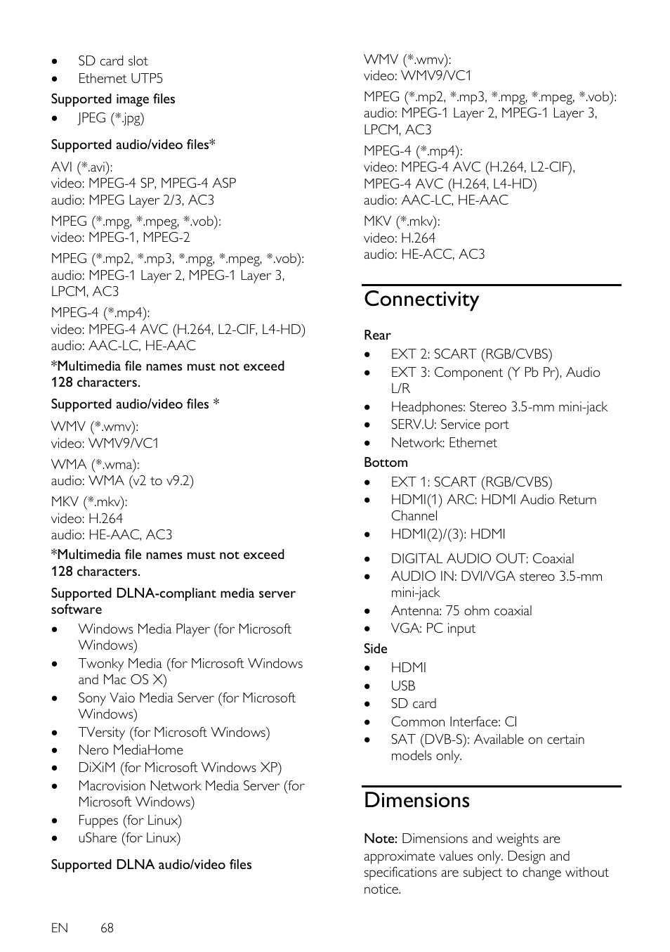 Connectivity, Dimensions | Philips 42PFL7675H-12 User Manual | Page 68 / 74