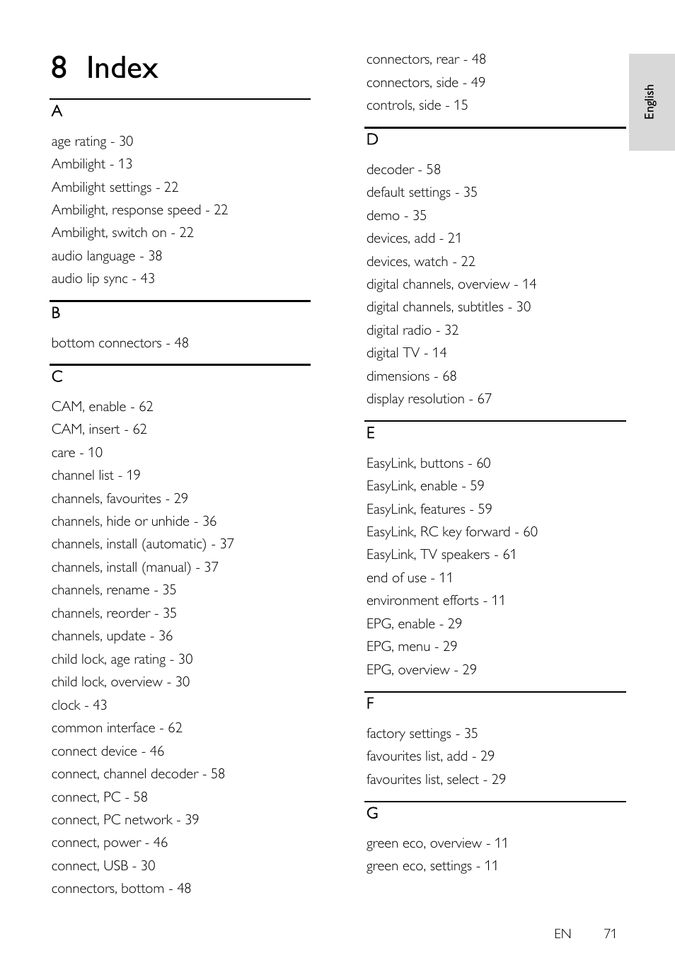 Index, 8 index | Philips 42PFL7675H-12 User Manual | Page 71 / 74