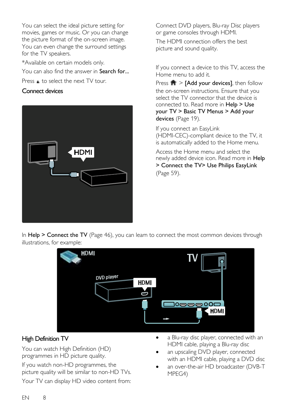 Connect devices, High definition tv | Philips 42PFL7675H-12 User Manual | Page 8 / 74