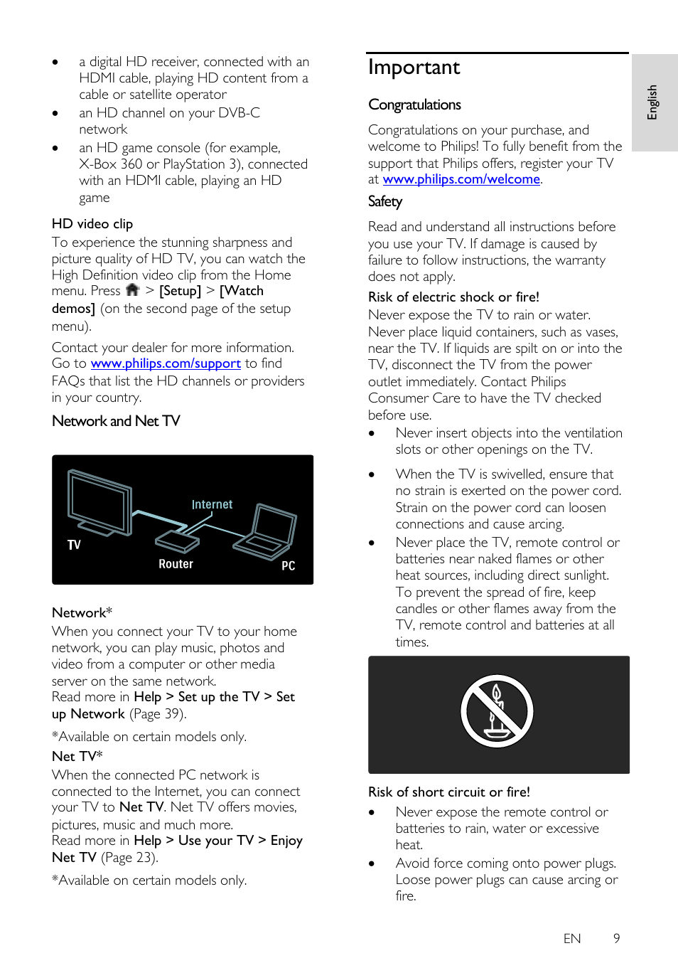 Network and net tv, Important, Congratulations | Safety | Philips 42PFL7675H-12 User Manual | Page 9 / 74