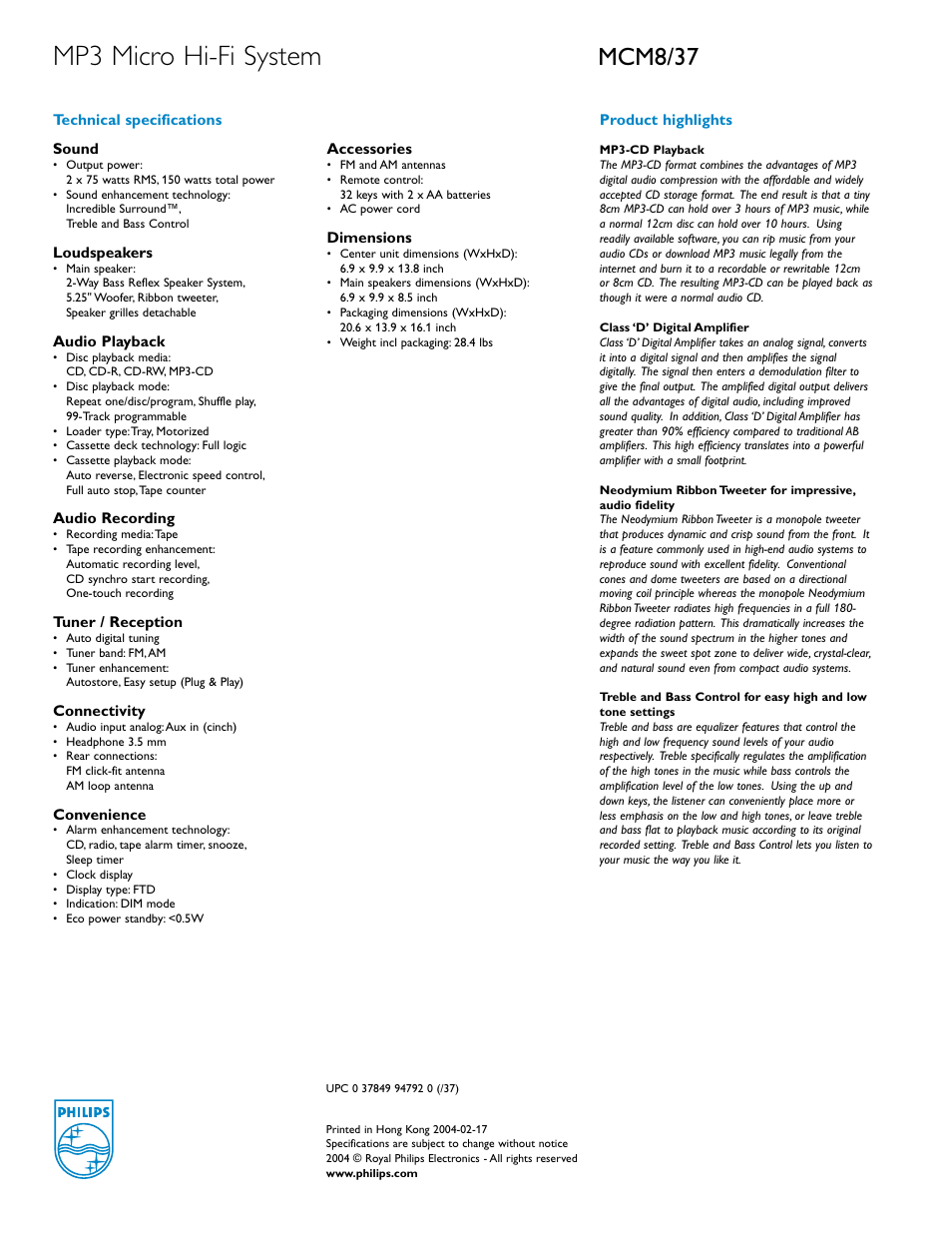 Mp3 micro hi-fi system, Mcm8/37 | Philips MCM8-37 User Manual | Page 2 / 2