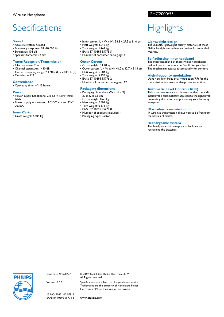Specifications, Highlights | Philips SHC2000-55 User Manual | Page 2 / 2