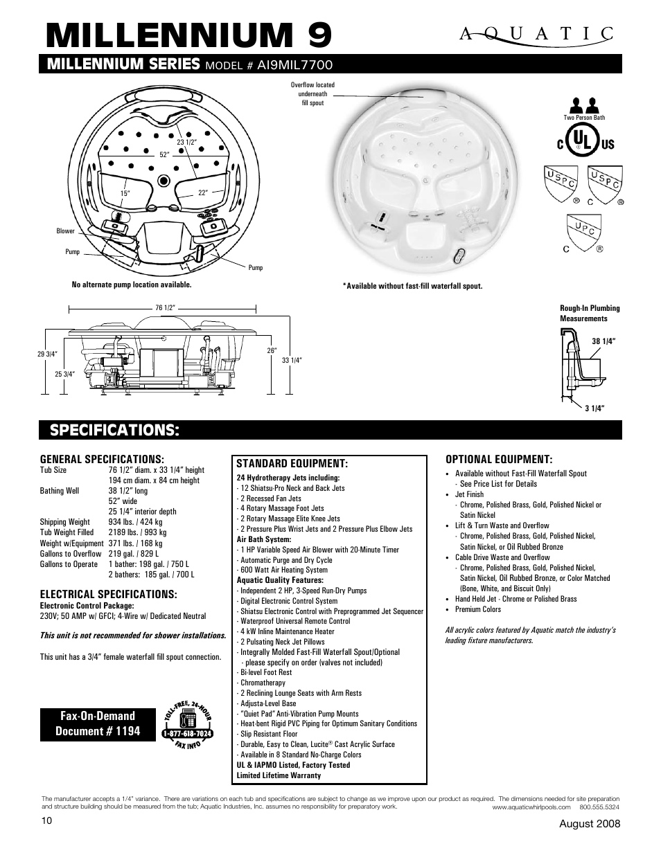 Aquatic MILLENNIUM 9 AI9mIl7700 User Manual | 1 page