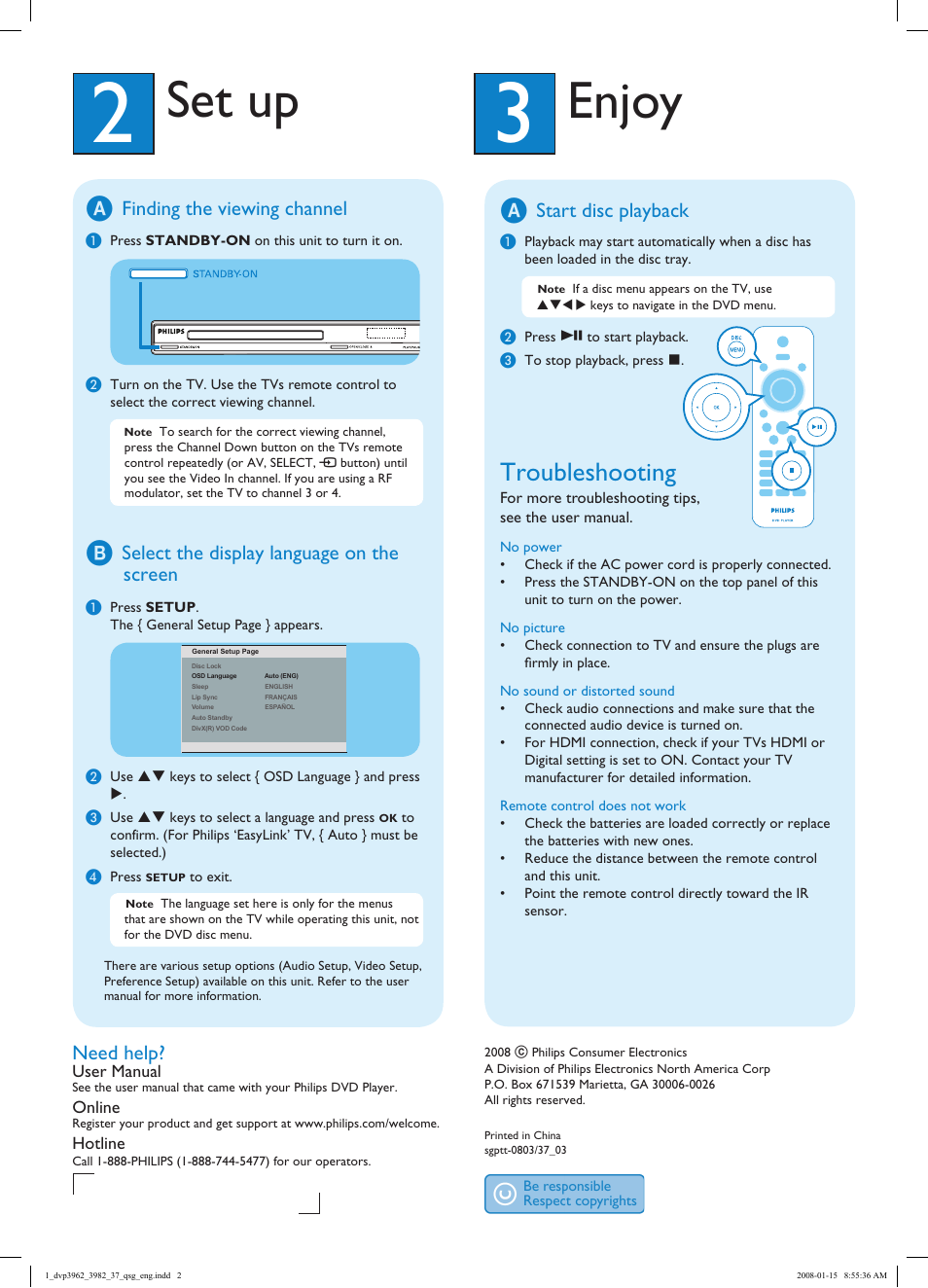 Enjoy, Set up, Troubleshooting | Finding the viewing channel, Select the display language on the screen, Start disc playback, Need help | Philips DVP3982-37 User Manual | Page 2 / 2