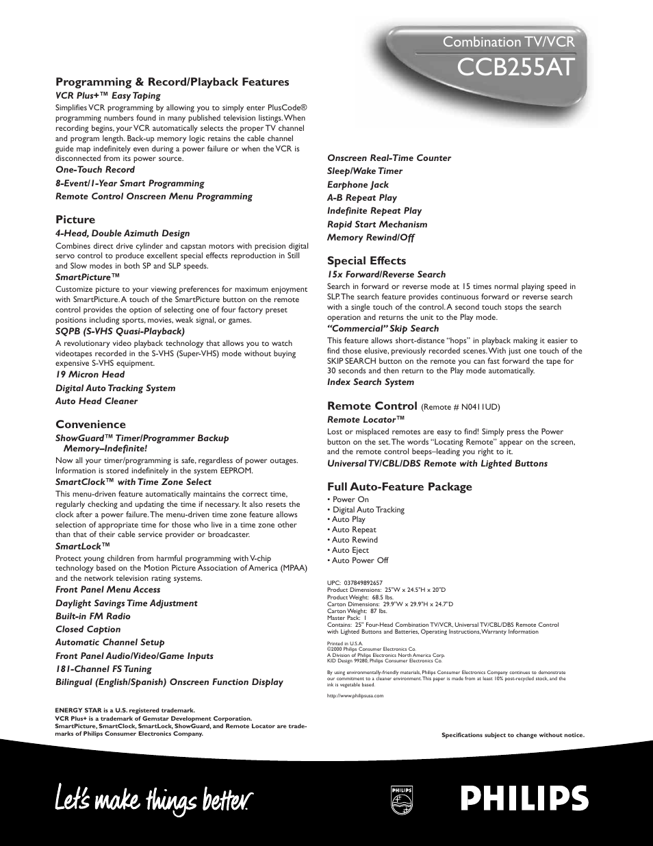 Ccb255at, Combination tv/vcr | Philips CCB255AT User Manual | Page 2 / 2