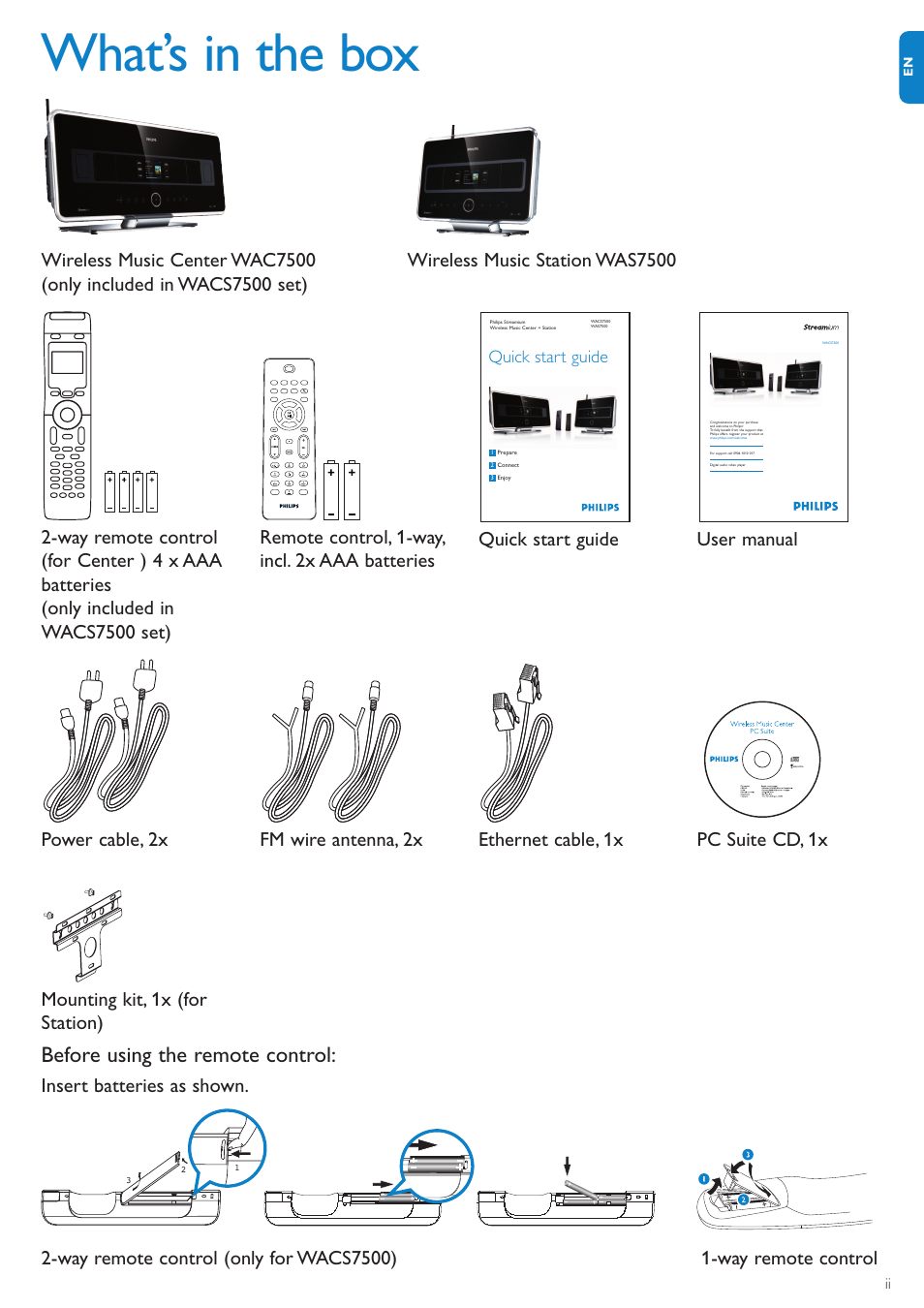 What’s in the box, Before using the remote control, Quick start guide | Philips WAS7500-37 User Manual | Page 2 / 23