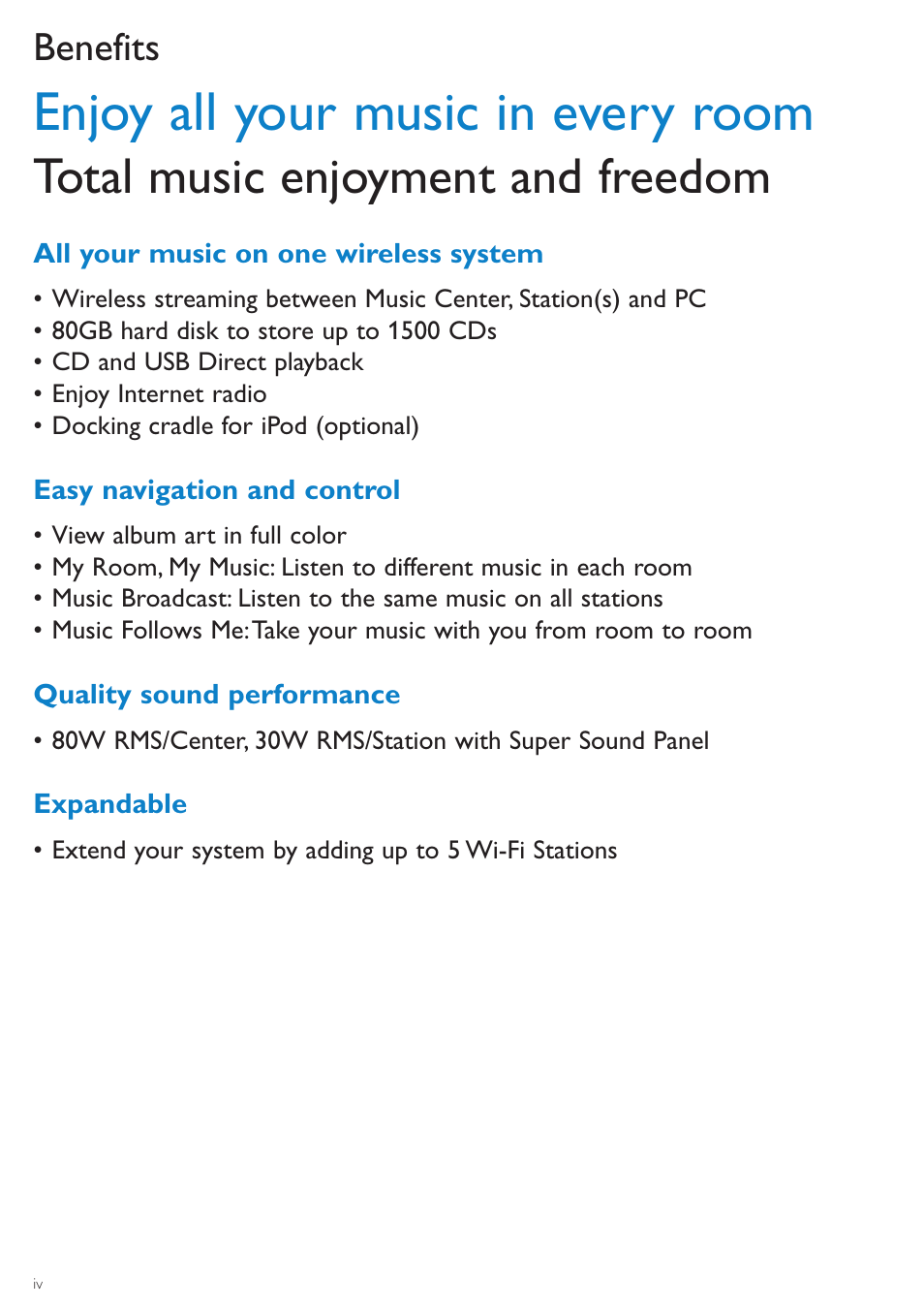 Enjoy all your music in every room, Total music enjoyment and freedom, Benefits | Philips WAS7500-37 User Manual | Page 4 / 23