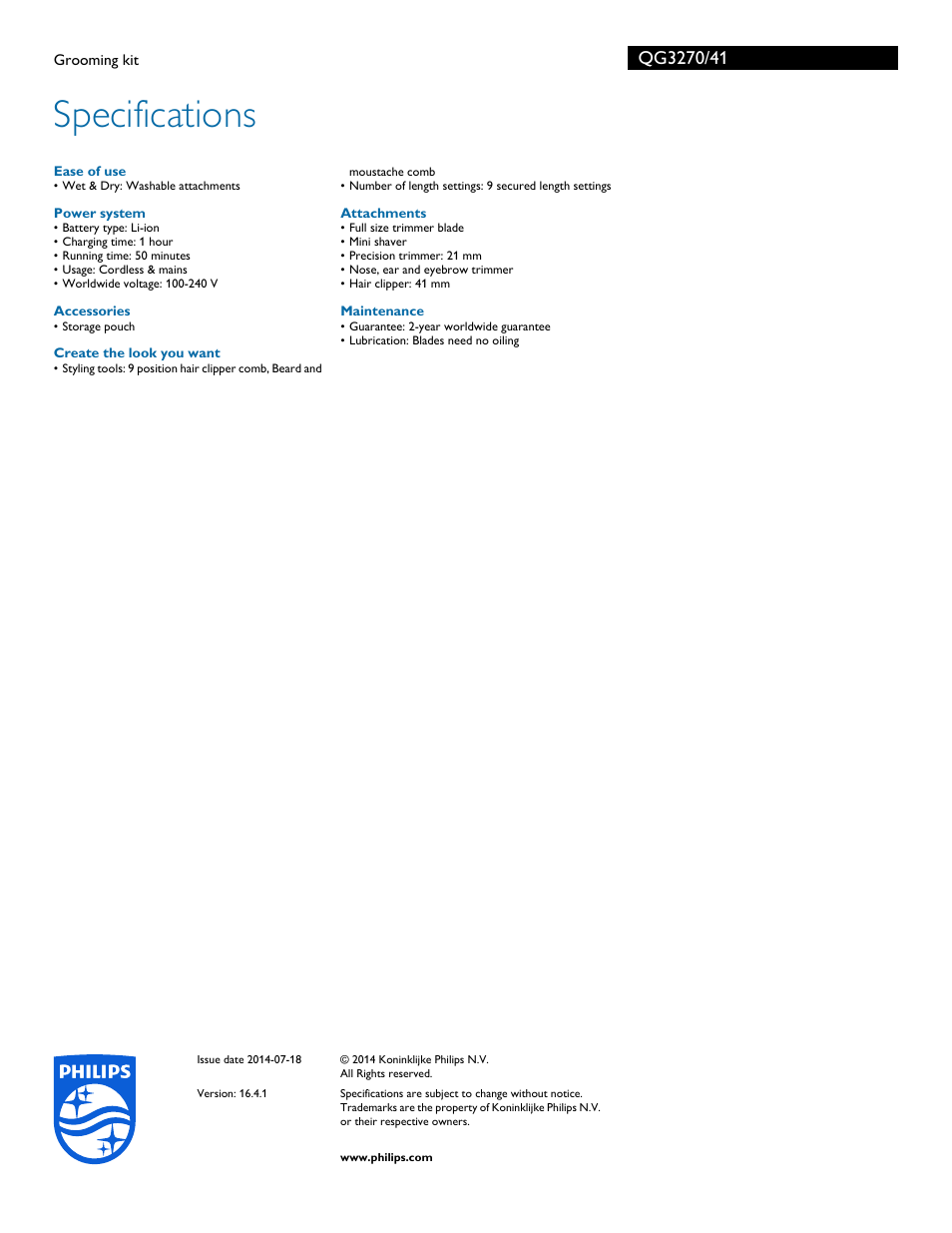 Specifications | Philips QG3270-41 User Manual | Page 3 / 3