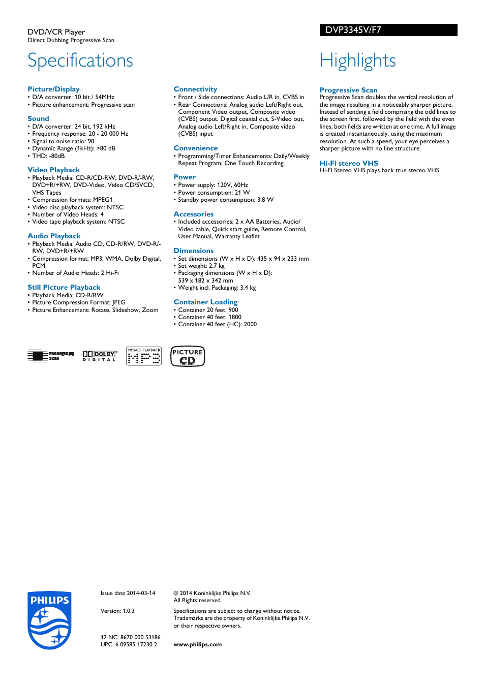 Specifications, Highlights | Philips DVP3345V-F7 User Manual | Page 2 / 2