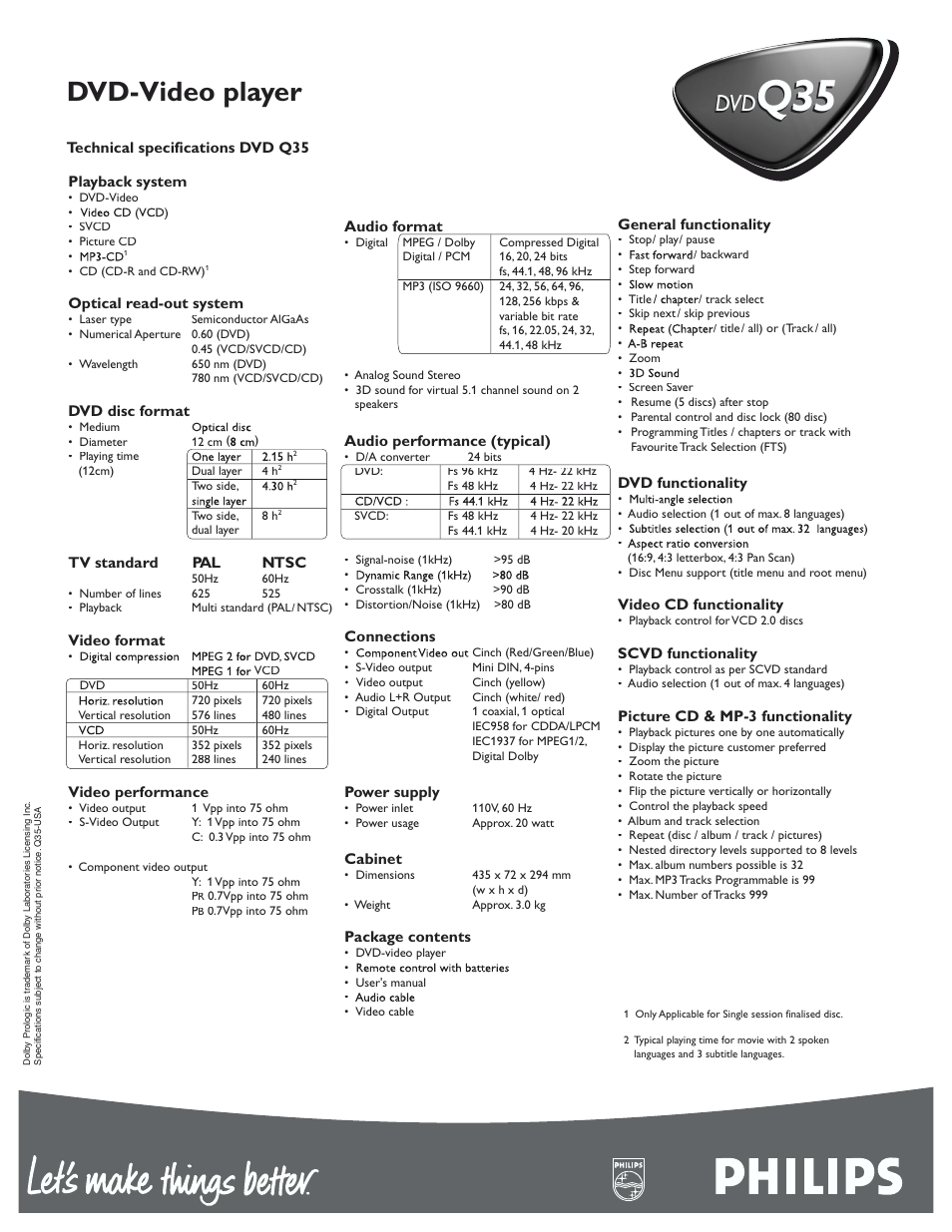 Dvd-video player | Philips DVDQ35AT User Manual | Page 2 / 2