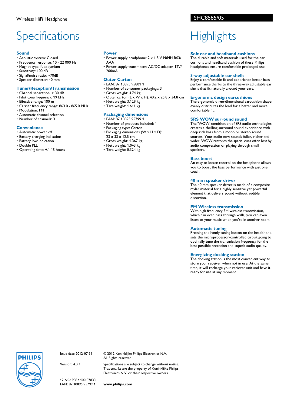 Specifications, Highlights | Philips SHC8585-05 User Manual | Page 2 / 2