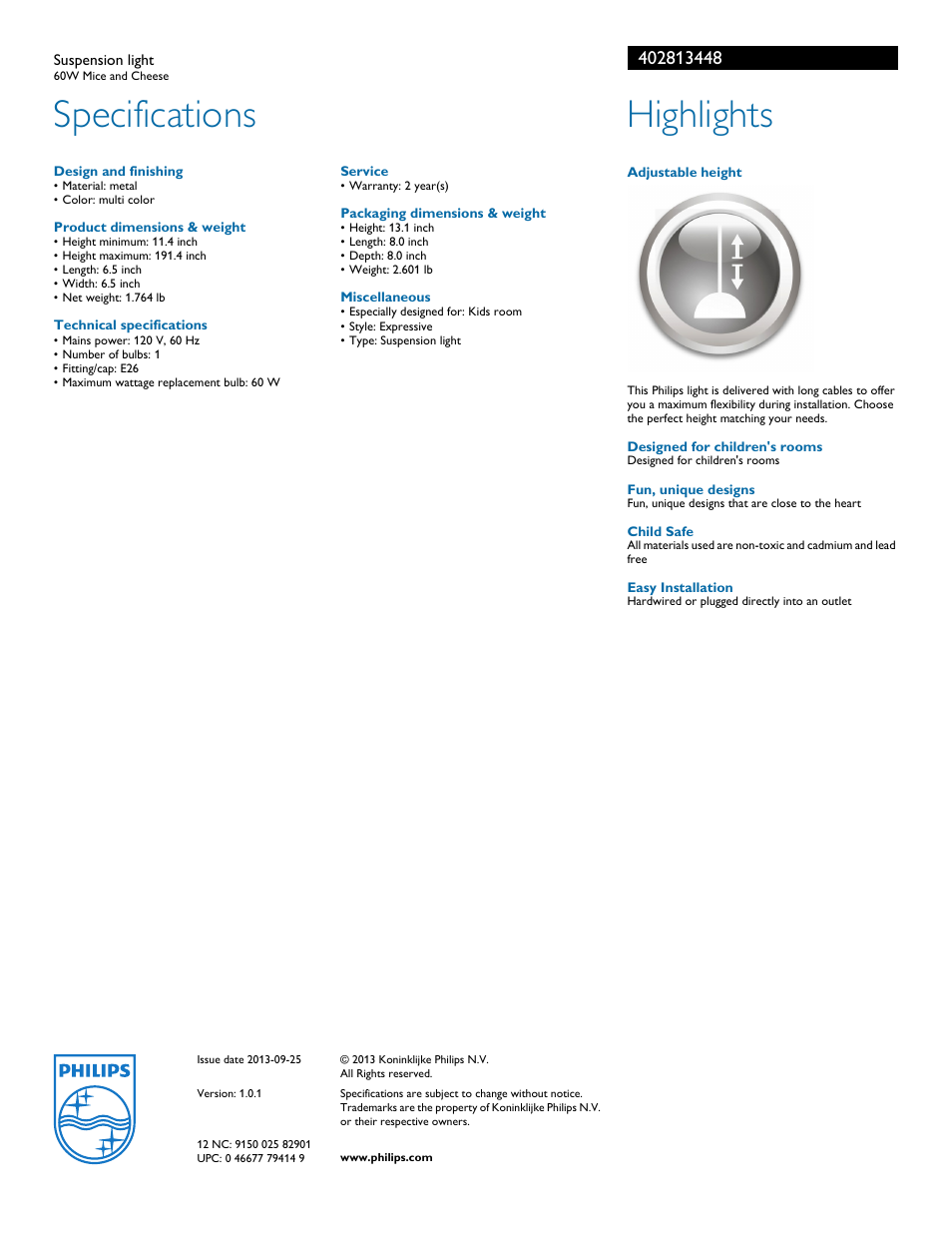 Specifications, Highlights | Philips 402813448 User Manual | Page 2 / 2