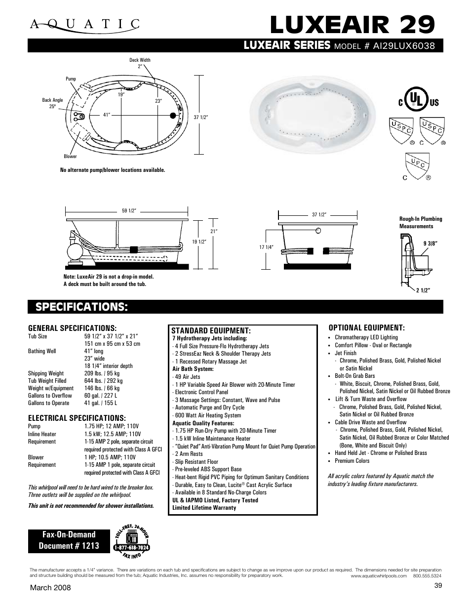 Aquatic LUXEAIR 29 ai29lux6038 User Manual | 1 page