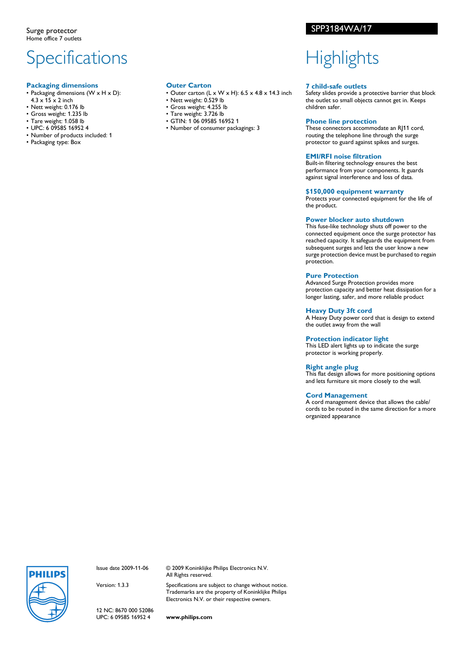 Specifications, Highlights | Philips SPP3184WA-17 User Manual | Page 2 / 2