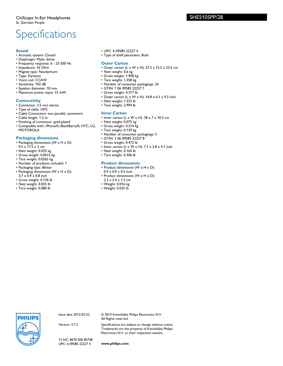 Specifications | Philips SHE5105PP-28 User Manual | Page 3 / 3