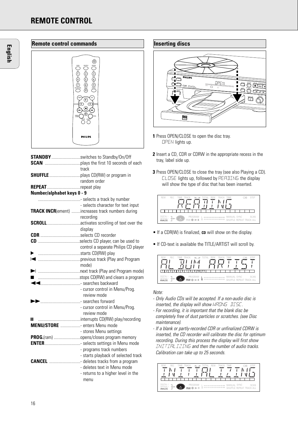 Remote control, English, Inserting discs | Remote control commands | Philips CDR570BK User Manual | Page 15 / 26