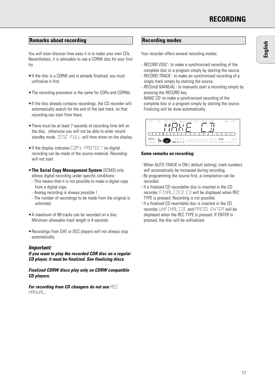 Recording, English, Important | Recording modes remarks about recording | Philips CDR570BK User Manual | Page 16 / 26