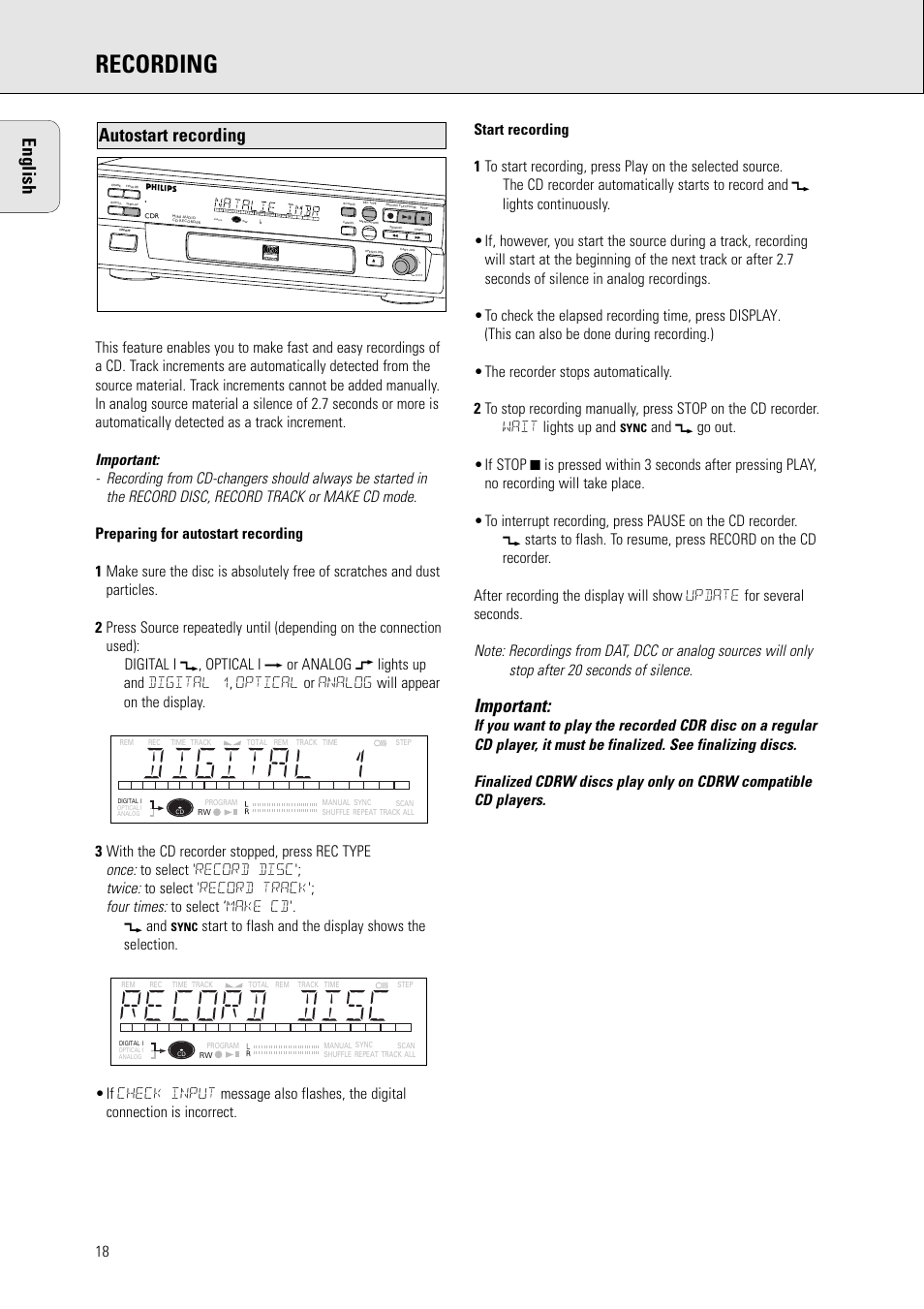 Recording, English, Important | Autostart recording | Philips CDR570BK User Manual | Page 17 / 26