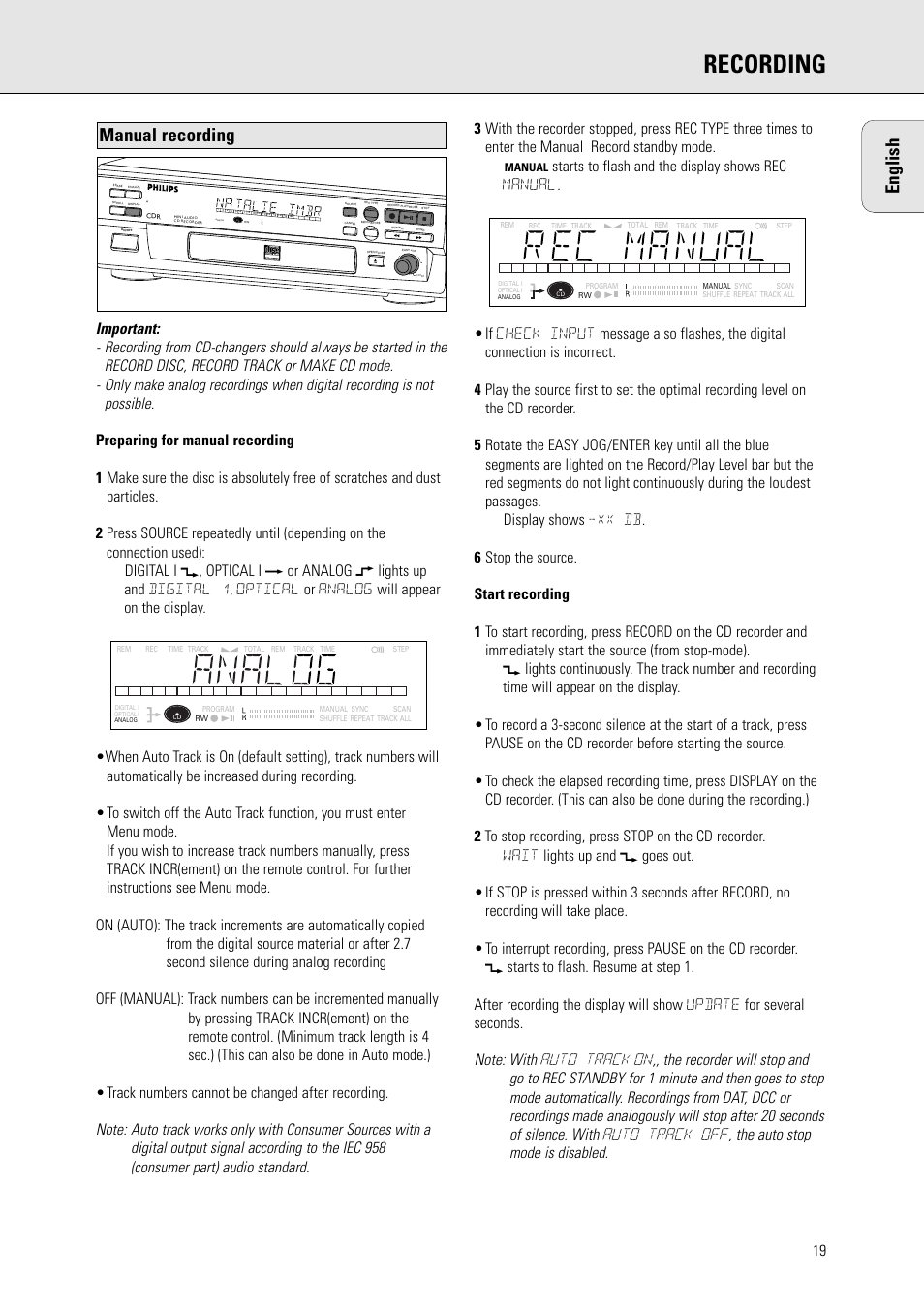 Recording, English, Manual recording | Philips CDR570BK User Manual | Page 18 / 26