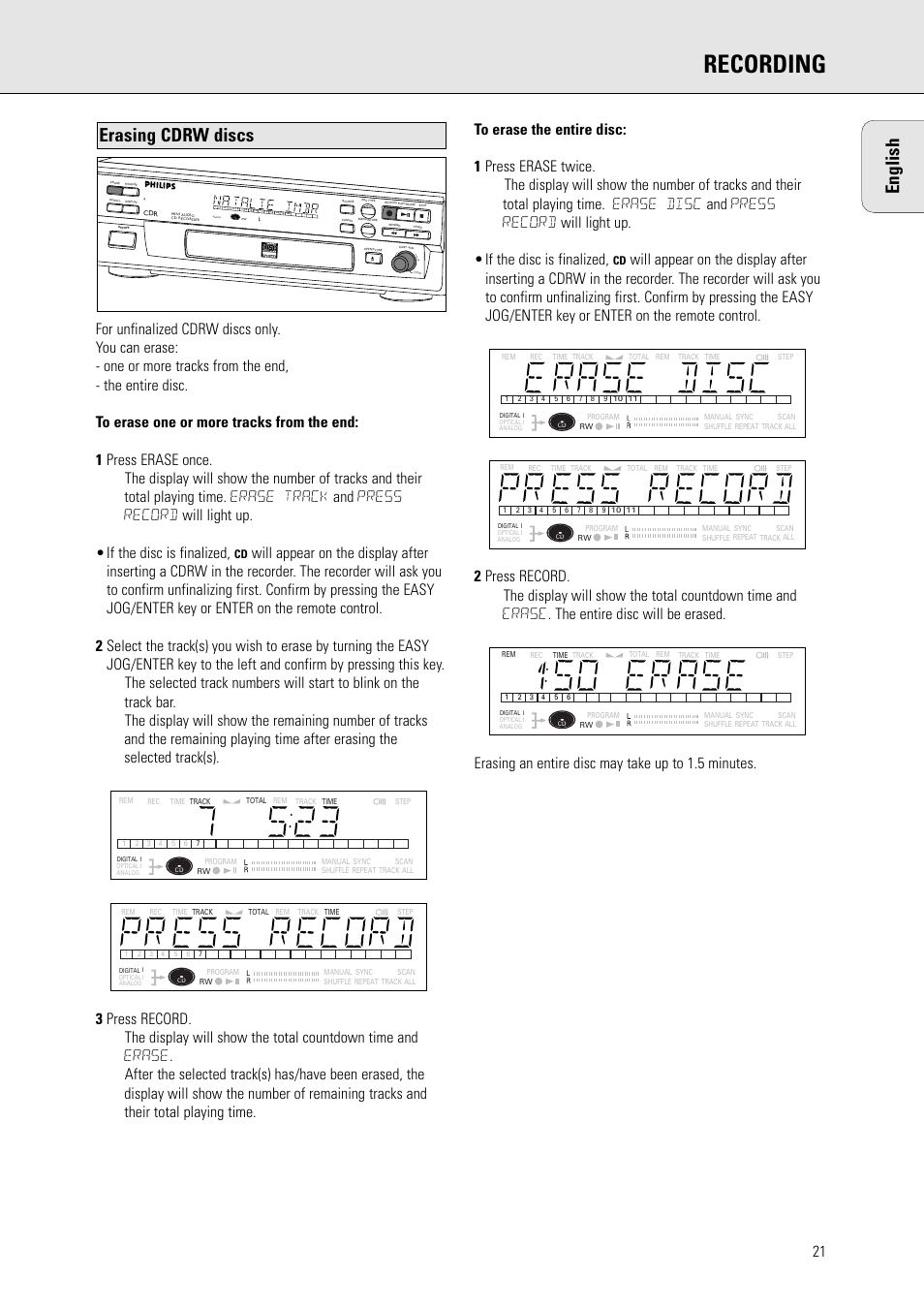 Recording, English, Erasing cdrw discs | Philips CDR570BK User Manual | Page 20 / 26