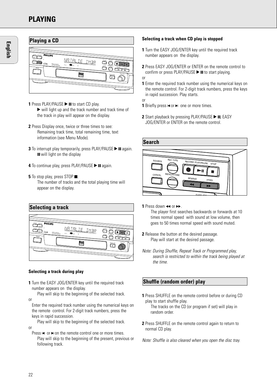 Playing, English, Shuffle (random order) play | Search, Selecting a track, Playing a cd | Philips CDR570BK User Manual | Page 21 / 26